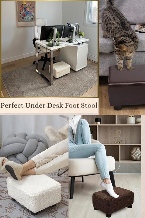 Love this foot stool for under the desk that is chic and useful!  foot stool, under desk foot stool, sherpa foot stool, leather foot stool, small foot stool Small Ottoman Foot Stools, Desk Chair Foot Rest, Foot Rest Under Desk, Under Desk Foot Rest Wood, Leg Rest Furniture Foot Stools, Bedroom And Office, Stylish Desk, Ottoman Stool, Office Setup