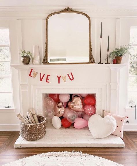 Valentine Mantle Decor, Black Mantle Fireplace, Black Brick Fireplace, Vday Decor, Loving You Letters, Letter Garland, Fun Valentines Day Ideas, Brick By Brick, Fireplace Designs