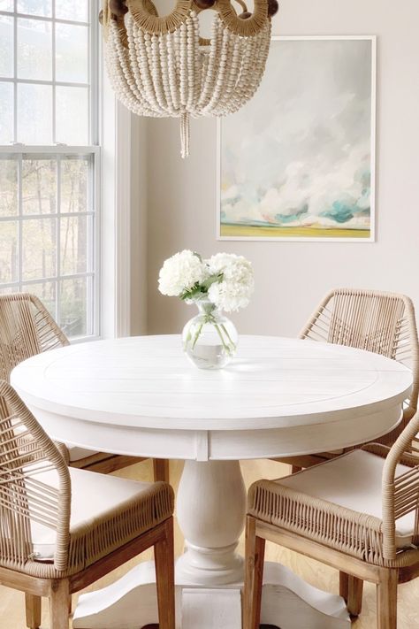 A review of our new white dining table with a pedestal that is extendable and is the perfect addition for our coastal home. Round Breakfast Nook Table, Round Vs Rectangular Dining Table, Round Dining Table With Leaf, White Round Kitchen Table, Chestnut Kitchen, Marsh House, White Round Dining Table, White Round Tables, White Kitchen Table