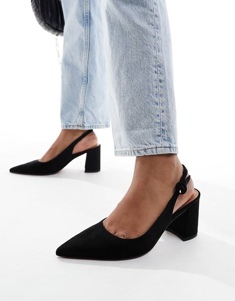 Shoes by ASOS DESIGN Good things come in pairs Adjustable slingback strap Pin-buckle fastening Pointed toe Mid block heel Cute Simple Heels, Casual Black Heels, City Break Outfit, Heels Outfits, Black Kitten, Low Block Heels, Casual Black, Dress And Heels, Nike Dunk