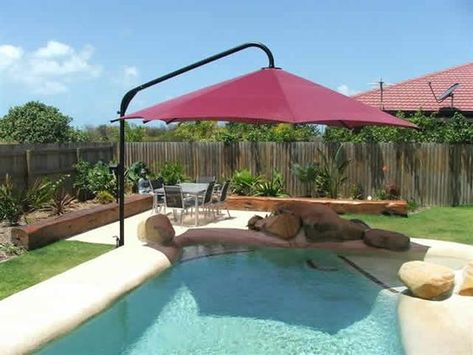 Cantilevered Umbrellas for pool and patio shade Backyard With A Pool, Desert Pool, Pool Patio Furniture, Backyard Spa, Pool And Patio, Pool Shade, Shade Ideas, Pool Stuff, Pool Umbrellas