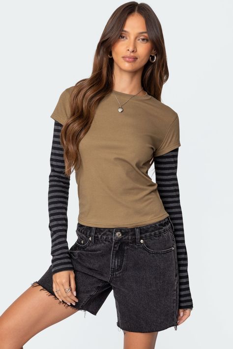 Eliana Layered Long Sleeve T Shirt Cheap Versatile Layering T-shirt, Lond Sleeve Shirt, Cheap Fitted Shirt For Layering, Iron Long Sleeve Shirt, Tshirts With Long Sleeve Under, Cheap Stretch Long Sleeve Top For Layering, Cheap Long Sleeve Tops For Layering, Layered Long Sleeve T Shirt, Wwe T Shirts