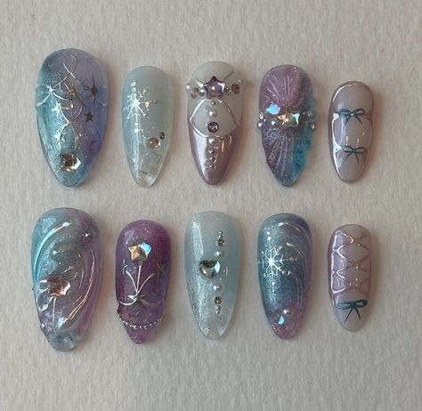 Long Nails With Stars, Short Long Nails, Nail Freestyle, Aespa Nails, Nails With Stars, Trendy Manicure, Ombre Purple, Perfect Manicure, Nails Today