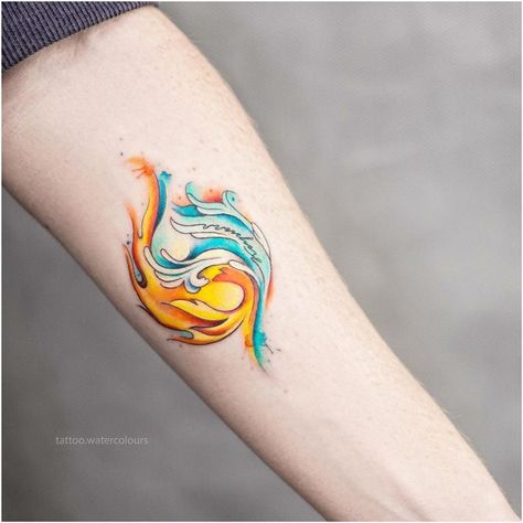 Fire And Water Element Tattoo, Fire And Water Tattoo Ideas, Water Hand Tattoo, Elemental Tattoo Ideas, Fire Water Tattoo, Fire And Water Tattoo, Water Tattoo Ideas, Water Drop Tattoo, Ice Tattoo