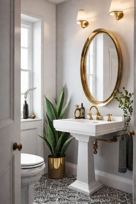 Pedestal sink modern bathroom vintage accents Pedestal Sink Decorating Ideas, Half Bath Sink, Pedestal Sink Bathroom Ideas, Powder Room With Pedestal Sink, Modern Condo Living Room, Pedastal Sink, Fun Bathrooms, Bathroom With Pedestal Sink, Pedestal Sink Ideas