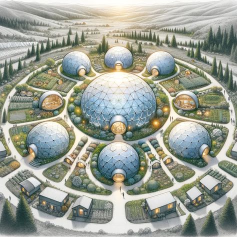 Solarpunk Village, Eco Utopia, Dome City Concept Art, Circular Building Architecture, Futuristic Dome City, Geometric Dome House, Holly House, Sci Fi Landscape, Urban Design Concept