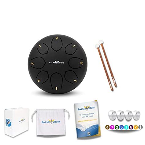 The Balmy Drum - 8 Note 6 Inch Steel Tongue Drum, Steel Drum Instrument, Drums For Children and Adults, Balmy Drum Set for Kids with Music Book, Handpan, Mallet and Carry Bag (Black) Balmy Drum, Drum Instrument, Steel Tongue Drum, Tongue Drum, Steel Drum, Drum Set, Carry Bag, Carry On Bag, Drums