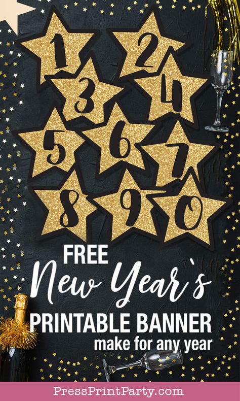 FREE New Years Banner Printable (For Any Year) Press Print Party New Years Banner, Mermaid Party Printables, Photo Booth Printables, New Year Printables, Christmas Photo Booth Props, Free Printable Banner, New Year's Party, New Year's Party Decorations, Happy New Year Banner