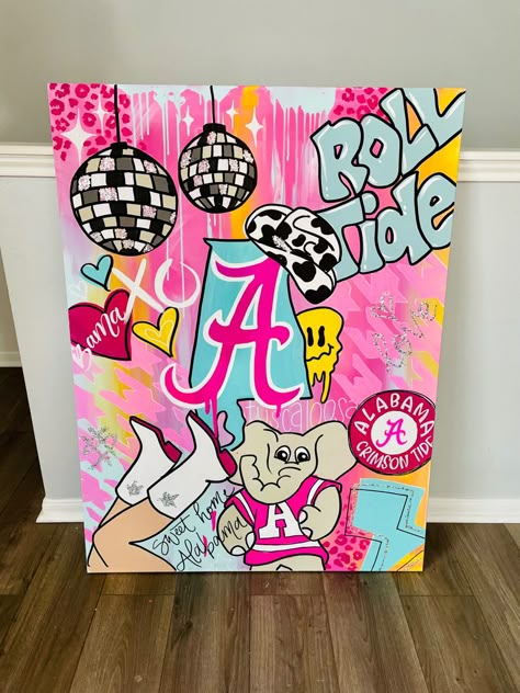 Pink and teal colorful wall art for college Painting Of Random Things, Alabama Canvas Painting, College Canvas Paintings Aesthetic, Alabama Preppy Painting, College Collage Painting, Alabama Dorm Room Ideas, Painting Collage Canvases, Alabama Painting, College Canvas Paintings