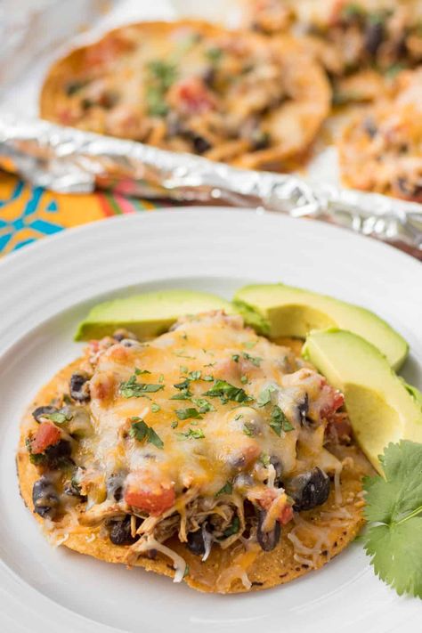 Tostadas Recipe, Chicken Black Beans, Fiesta Recipes, Beans And Cheese, Tostada Recipes, Homemade Taco Seasoning Recipe, Chicken Tostadas, Tortilla Shells, Seasoned Chicken