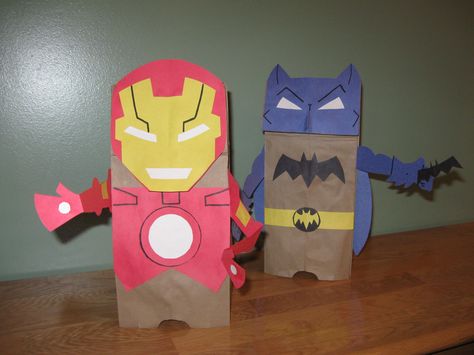 Iron Man and Batman brown paper bag and construction paper puppets my son and I made a few years back Pixar Crafts, Superhero Week, Paper Sack, Superhero Crafts, Summer Job, Paper Bag Crafts, Paper Bag Puppets, Super Hero Theme, Paper Lunch Bags