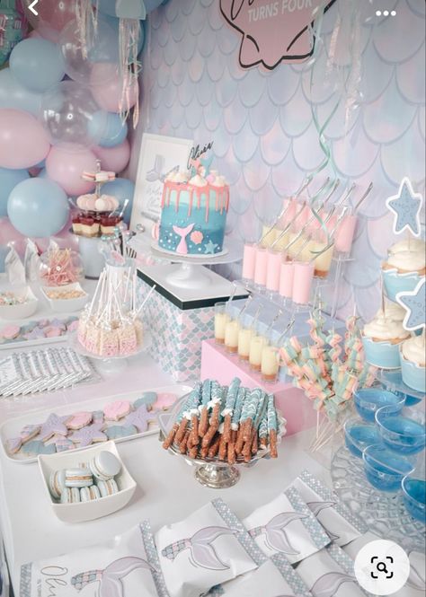 Mermaid Grazing Table, Mermaid Party Cake Table, Mermaid Theme Table Decor, Under The Sea Birthday Party Food Ideas, Under The Sea Birthday Decorations, Under The Sea Mermaid Party, Mermaid Birthday Party Table Decorations, Under The Sea Party Food Ideas, Under The Sea Tea Party