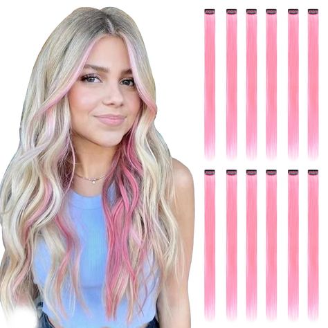 PRICES MAY VARY. BUMMSEVEN Pink Hair Extensions - Add a pop of color to your hair with these vibrant pink hair extensions by BUMMSEVEN 12 Pieces Per Pack - Each pack includes 12 individual hair pieces and clips, giving you plenty of options to create your desired style 100% Heat-Resistant Synthetic Fiber - Made from high-quality heat-resistant synthetic fiber, these extensions can withstand heat styling up to 320℉/130℃ and can be curled to suit your unique look Lightweight and Easy to Wear - The Colorful Hair Extensions Clip In, Pink Hair Clip Ins, Pink Hair Streaks, Pink Hair Extensions, Pink Streaks, Hair Extensions Clip, Pink Hair Clips, Extensions Clip In, Colored Hair Extensions