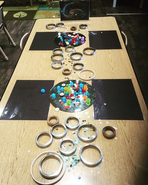 We’ve been busy exploring the solar system and our galaxy! Today the preschoolers enjoyed this set up where we used loose parts to create a scene of what we thought our galaxy looked like! #earlychildhoodeducation #letthemplay #preschooldays #preschool #preschoolteacher #reggioemilia Outer Space Provocation, Solar System Reggio Emilia, Space Provocations, Space Reggio, Space Eyfs, Planets Preschool, Nursery 2023, Daycare Spaces, Space Theme Preschool