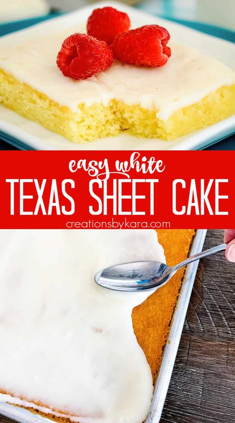 This white Texas sheet cake recipe is a crowd-pleaser and so simple to make. Impress your guests with this delicious dessert at your next gathering. Almond extract gives it amazing flavor! -from Creations by Kara Gluten Free White Texas Sheet Cake, White Texas Sheet Cake Recipe, White Sheet Cakes, White Texas Sheet Cake, Texas Sheet Cake Recipe, Sheet Cake Recipe, Artichoke Salad, Texas Sheet, Easy Dessert Recipe