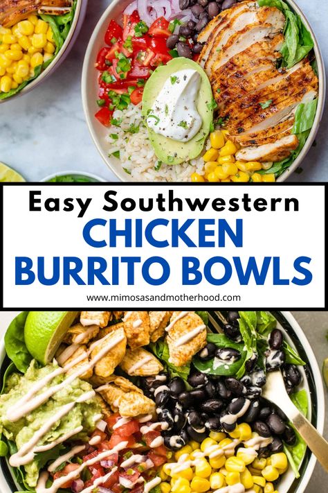 These Southwestern Chicken Burrito Bowls are so easy to make! They’re great for a quick and easy weeknight dinner or lunch on the go, and take less than 15 minutes to put together. #easyrecipes #easydinner #southwesternfood #texmex #recipeswithleftovers #homemadetakeout #moeshack #burritoinabowl Southwest Power Bowl, Light Healthy Chicken Recipes, Baja Bowl With Chicken, South West Chicken Bowl, Southwest Burrito Bowl, Southwest Chicken Bowl Recipe, Southwestern Bowl Recipe, Grilled Chicken Burrito Bowl, Southwestern Chicken Bowl