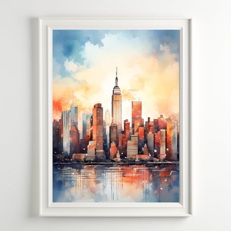 New York Skyline Art. Sunrise Painting. Print from original watercolor painting. City Wall Art. New York City Poster *UNFRAMED *Giclee print is of high quality *Print from my original watercolor painting. *Made on premium matte paper. *Specified size that you choose. *Print without white borders. *The size of the print is designed to fit into standard photo frames *High-quality protective packaging with tracking number *To make your home cosier For more PRINTS visit https://www.etsy.com/shop/Mar New York City Watercolor Painting, City Skyline Painting, New York City Poster, New York Painting, Painting City, Skyline Painting, Watercolor City, Sunrise Painting, Ville New York