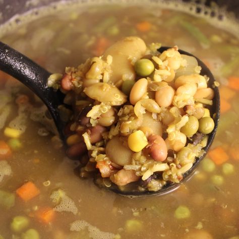 Deliciously hearty Slow Cooker 16 Bean Veg Soup with Turmeric & Quinoa. Packed with veggies & spices, it's a nutritious one-pot wonder for any day! Bean Vegetable Soup, Turmeric Quinoa, 16 Bean Soup, Soup With Turmeric, Bean And Vegetable Soup, Beans Vegetable, Veg Soup, Cubed Potatoes, Easy Comfort Food