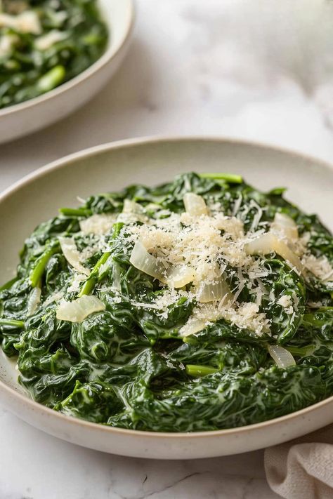 This classic creamed spinach recipe is the perfect side dish for any meal! It's cheesy, satisfying, and packed with nutrition and flavor. Spinach Frozen Recipes, Simple Spinach Recipes, Creamed Spinach With Frozen Spinach, Creamy Spinach Recipes, Creamed Spinach With Fresh Spinach, Sauteed Spinach Recipes, Spinach Side Dish Recipes, Cream Spinach Recipe, Creamed Spinach Recipes