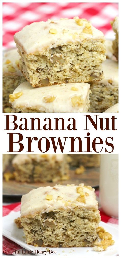 For a quick and easy dessert, try these delcious Banana Nut Brownies on gracefullittlehoneybee.com Banana Nut Brownies, Nut Brownies, Brown Butter Frosting, Banana Brownies, Brownie Toppings, Brownie Ingredients, Quick Easy Desserts, Butter Frosting, Peanut Butter Chocolate Chip