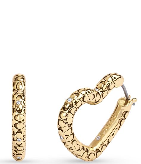 From COACH, these earrings feature:Brass/glass crystal Approx. 1" L x 0.1" W x 0.5"Click-top closure Small-sized heart motif hoop earrings adorned with quilted signature sculpted C motif and delicate crystal stone accentsIncludes signature COACH jewelry pouchImported. Signature Quilts, Coach Jewelry, Heart Motif, Heart Hoop Earrings, Jewelry Lookbook, Faux Stone, Luxe Gifts, Accessories Jewelry Earrings, Crystal Stone