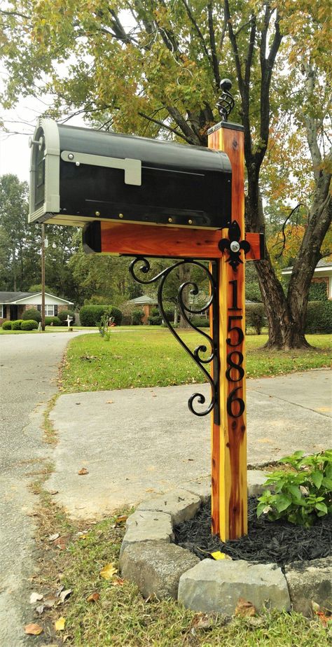 Diy Mailbox Post, Diy Mailbox Ideas, Mailbox Post Ideas, Wrought Iron Mailbox, Double Mailbox Post, Porch Mailbox, Rustic Mailboxes, Brick Mailbox, Mailbox Landscaping