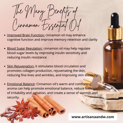 🌟 Elevate Your Wellness Routine with Cinnamon Essential Oil in our Uplift Essential Oil Blend - Early Easter Sale at our Etsy shop at www.aromatherapyartisan.etsy.com or view our full line of products at www.artisanaandw.com🌿 Experience the warm embrace of cinnamon essential oil, a natural wonder that's sure to spice up your self-care rituals! ✨From increasing and uplifting mood & energy to promoting emotional balance, cinnamon oil has a myriad of benefits for your mind, body, and soul.  🍂 ... Cinnamon Essential Oil Benefits, Cinnamon Oil Benefits, Cinnamon Benefits, Handmade Soap Recipes, Cinnamon Oil, Cinnamon Essential Oil, Essential Oil Benefits, Regulate Blood Sugar, Easter Sale