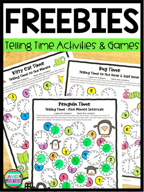 Students will love these telling time games that practice reading times on analog clocks to the hour and half hour, to 5 minute intervals and telling time to the minute. These are NO PREP games that you just print and play. There are also free telling time cut and paste activities available. #tellingtimegames #tellingtime #timegames #timeworksheets #mathfreebies #firstgrademath #secondgrademath #thirdgrademath Telling Time Games 3rd, Teaching Time To 5 Minutes, Free Telling Time Games, Telling Time To The Nearest Minute, Telling Time To The Quarter Hour, Telling Time To 5 Minutes, Telling Time To The Hour And Half Hour, Telling Time To The Nearest 5 Minutes, Telling Time Activities For First Grade