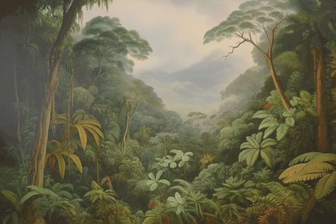 Tropical Rainforest Wallpaper Mural | Dense Jungle Scene | Bobbi Beck Tropical Wallpaper Living Room, Tropical Rainforest Wallpaper, Leaf Peel And Stick Wallpaper, Rainforest Wallpaper, Jungle Painting, Paradise Wallpaper, Jungle Mural, Van Gogh Almond Blossom, Jungle Forest