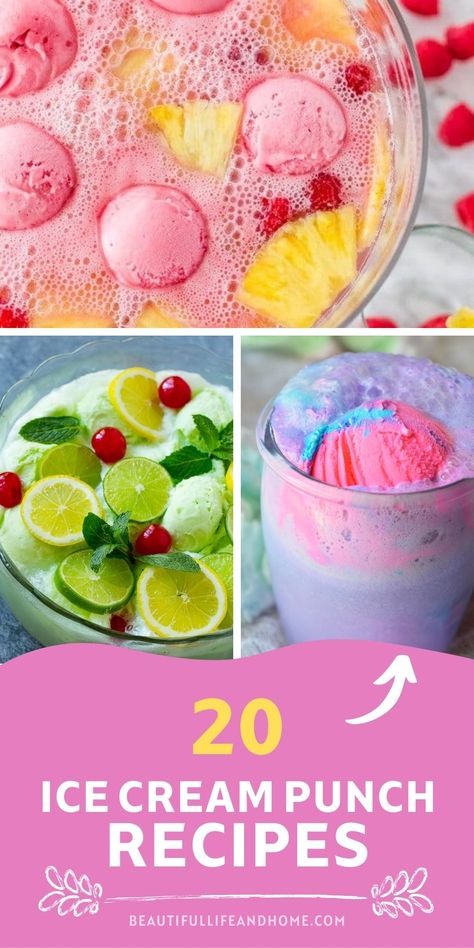 20 Party Ice Cream Punch Recipes - Beautiful Life and Home Punch Made With Ice Cream, Punch With Ice Cream Recipes, Party Punch With Ice Cream, Ice Cream Themed Desserts, Punch Recipes With Ice Cream, Ice Cream Birthday Party Food, Ice Cream Sprinkle Baby Shower Ideas, Ice Cream Baby Sprinkle, Ice Cream Social Bridal Shower Ideas