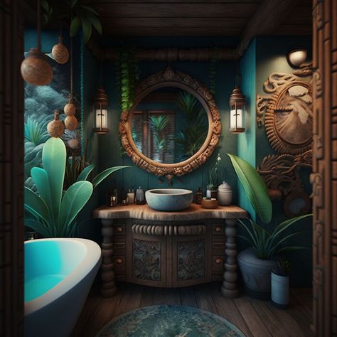 This gorgeous bathroom combines nature and the ocean with all the magic of Polynesia Rustic Mermaid Bathroom, Water Inspired Bathroom, Moana Themed Bathroom, Moana Aesthetic Room, Whimsical Master Bath, Moana Bathroom Ideas, Moody Mermaid Bathroom, Sea Witch Bathroom, Boho Mermaid Bathroom