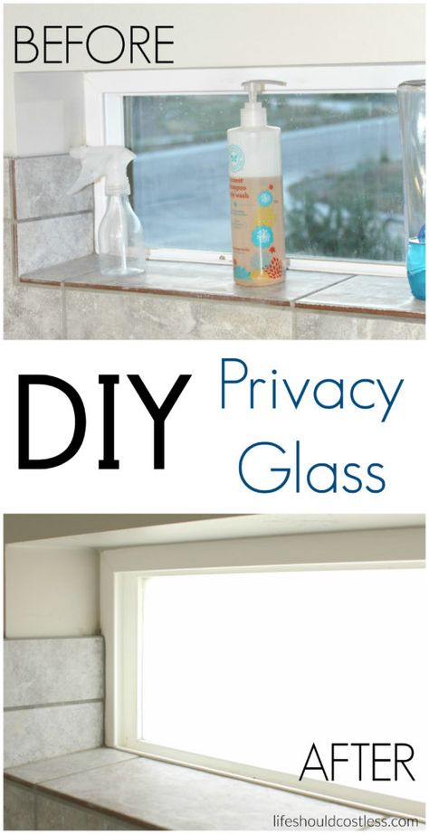 DIY Privacy Glass. It takes less than an hour and can easily be removed. {lifeshouldcostless.com} Glass Front Door Privacy, Bathroom Window Privacy, Frosted Glass Window, Frosted Glass Door, Bathroom Window, Privacy Curtains, Frosted Windows, Privacy Film, Window Privacy