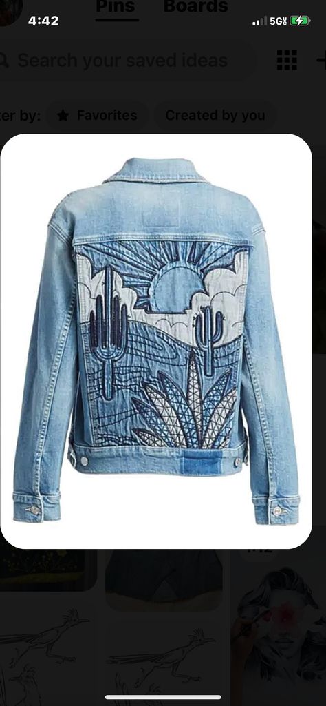 Denim Jacket Embroidery, Upcycled Denim Jacket, Denim Scraps, Diy Denim Jacket, Embellished Denim Jacket, Cactus Desert, Denim Art, Denim Pattern, Diy Jacket