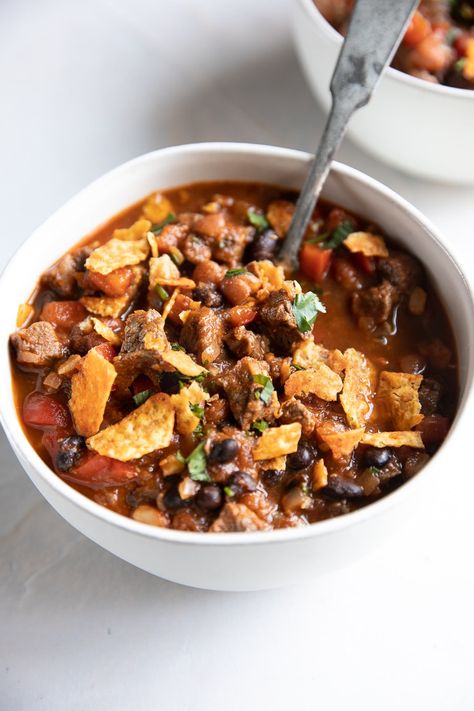 #sponsored @Safeway >> https://theforkedspoon.com/steak-chili/ Chili With Steak, Chili Bean Recipe, Recipes For Steak, Nacho Doritos, Steak Chili Recipe, Chili Bean, Beef Skillet, Steak Chili, Delicious Chili Recipe