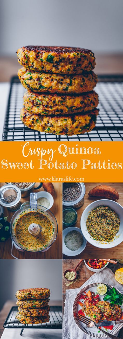 Quinoa Sweet Potato Patties - Klara`s Life Sweet Potato Patties, Crispy Quinoa, Quinoa Sweet Potato, Potato Patties, Minced Meat, Quinoa Recipes, Veggie Burger, Veggie Recipes, Meat Recipes