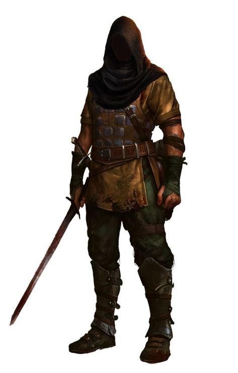 If anyone knows the source, I would be thankful. Medieval Bandit, Bandit Character Design, Dnd Mercenary, Fantasy Mercenary, Thief Character, Light Armor, Dungeons And Dragons Classes, Dungeons And Dragons Characters, Concept Art Character