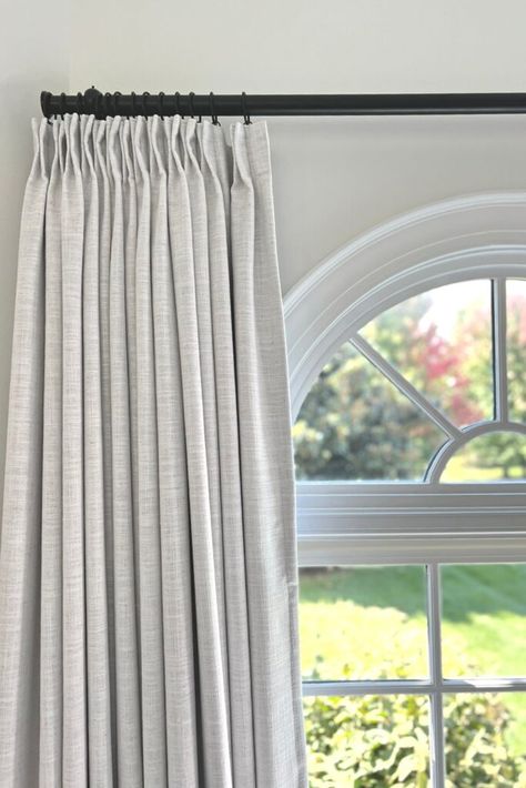 Linen Drapes Living Room, Farmhouse Curtains Living Room, Curtain Ideas For Living Room, Curtains For Arched Windows, Modern Farmhouse Curtains, Living Room Curtain Ideas, Room Curtain Ideas, Blackout Curtains Living Room, Arched Window Treatments