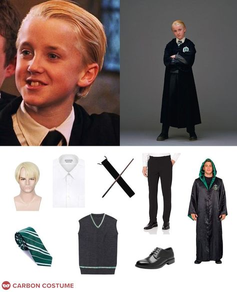 Draco Malfoy (Tom Felton) is the antagonist of Harry Potter and the Sorcerer's Stone. He is the son of pureblood wizards Lucius and Narcissa Malfoy, and a first-year student at Hogwarts. The Sorting Hat places him in Slytherin. Draco bullies Ron and Hermione, thinking himself better than them. He extends friendship to Harry Potter, who declines, for he doesn't like his pompous arrogance. This begins their well-known rivalry. In contrast to his power-hungry cruelty, Draco is actually quite a cowa Malfoy Costume, Draco Malfoy Costume, Lucius And Narcissa, Slytherin Draco, Stone Costume, Narcissa Malfoy, First Year Student, The Sorcerer's Stone, Ron And Hermione