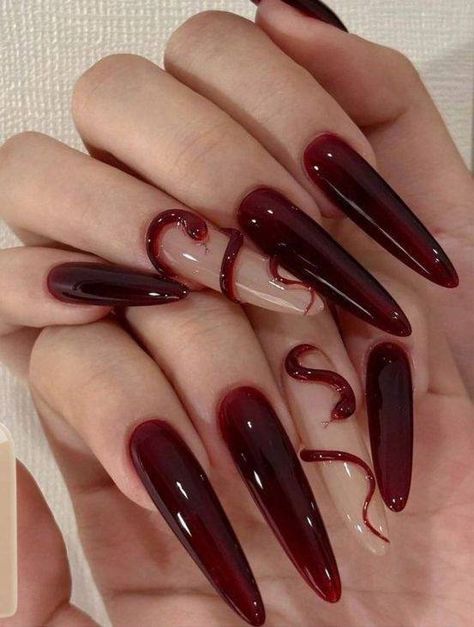 Emo Nails Long, Vampire Nails Aesthetic, Vampire Nails Designs, Fall Nail Art Ideas, Blood Nails, Vampire Nails, Milky Nails, Gothic Nails, Fall Nail Art Designs