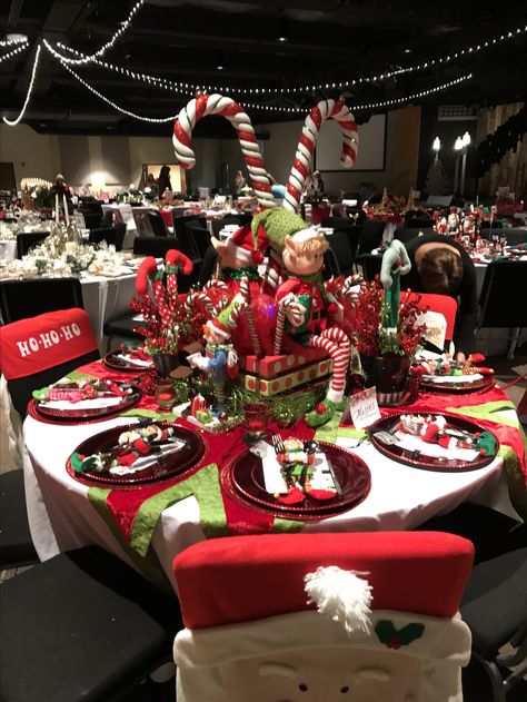 Elf Christmas Table Decorations, Elf Table Centerpiece, Elf Centerpiece Ideas, Elf Centerpieces, Christmas Gym, Christmas Catering, Connect Group, Christmas Party Table, Gym Dance