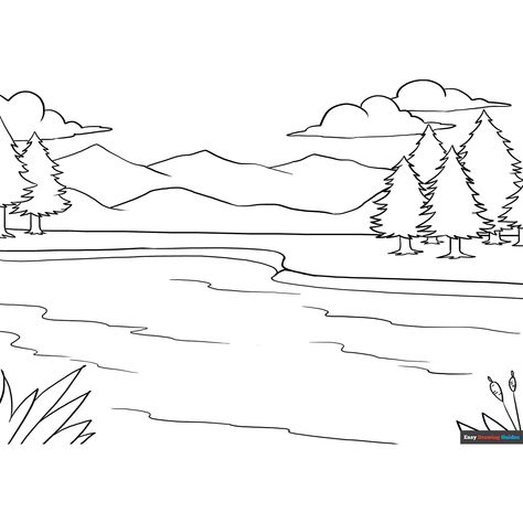 Free Lake Coloring Page for Kids Lake Drawings Easy, Lake Clipart, Easy Drawing Guides, Tree Coloring, Free Printable Coloring Sheets, Cartoon Trees, Drawing Guides, Scene Drawing, Tree Coloring Page