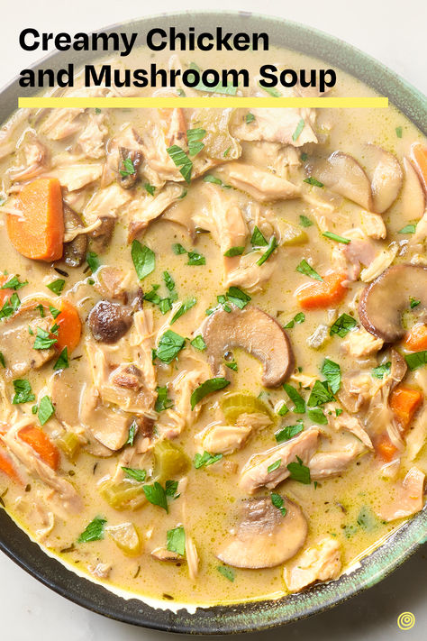 Savory mushroom soup and creamy chicken soup join forces for the most comforting mash-up in one pot. Creamy Chicken And Mushroom Soup, Chicken And Mushroom Soup, Mushroom Soup Recipe, Chicken And Mushroom, Creamy Chicken Soup, Mushroom Soup Recipes, Moms Cooking, Dried Mushrooms, Soup And Stew