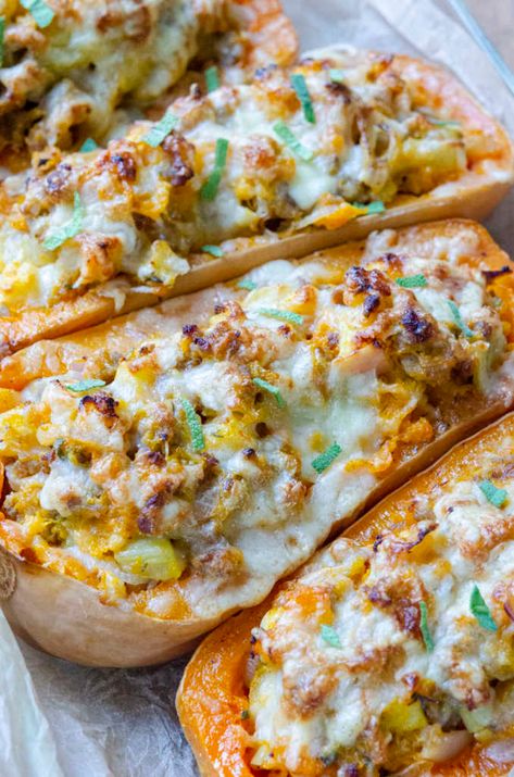 Sausage Stuffed Butternut Squash | 12 Tomatoes Stuffed Summer Squash Recipes, Sausage Stuffed Squash, Stuffed Squash Recipes, Sausage Stuffed Butternut Squash, Zucchini Meals, Stuffed Summer Squash, Butternut Squash Sausage, Stuffed Butternut Squash, Stuffed Butternut