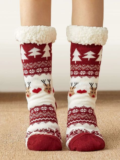 Christmas Cartoon Graphic Crew Socks | SHEIN USA Vogue Kids, Christmas Slippers, Fluffy Socks, Deer Pattern, Deer Design, Fuzzy Socks, Cozy Socks, Warm Socks, Women Socks