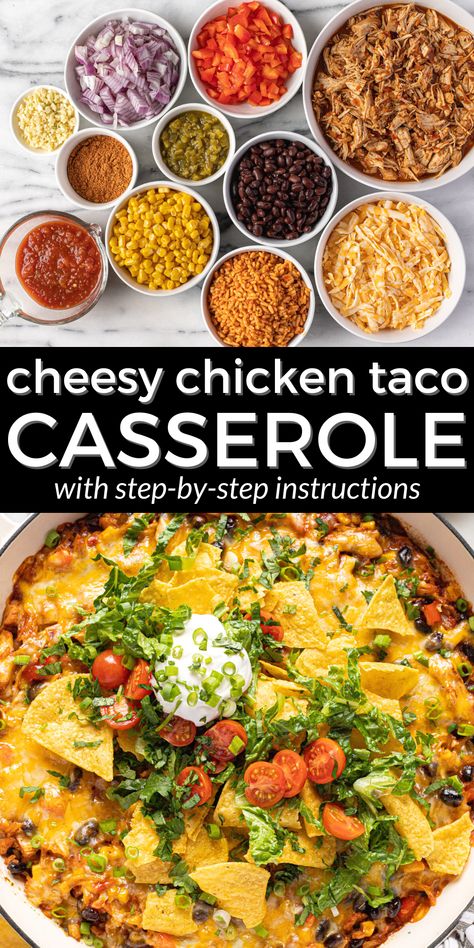 This easy chicken taco casserole recipe only takes 30 minutes from start to finish and is loaded with all your favorite taco flavors in a shareable casserole-style meal. It's packed with shredded chicken, onion, bell peppers, black beans, corn, salsa, rice, and plenty of cheese for a fun, quick, delicious family dinner! Salsa Rice, Easy Chicken Taco, Chicken Taco Casserole, Slow Cooker Shredded Chicken, Chicken Tacos Easy, Delicious Family Dinners, Shredded Chicken Recipes, Chicken Taco, Taco Casserole