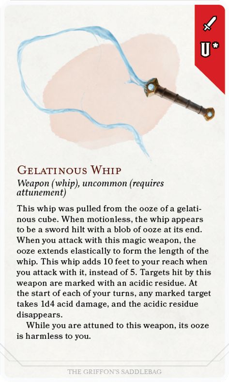 [Cards] Gelatinous Whip | The Griffon's Saddlebag on Patreon Whip Dnd, Dnd Magic Items Homebrew Barbarian, Dnd Magic Whip, Dnd Whip, Dnd 5e Homebrew Whip, D&d Items, Mundane Magic Items Dnd, Dnd Magic Items Spear, The Griffon's Saddlebag