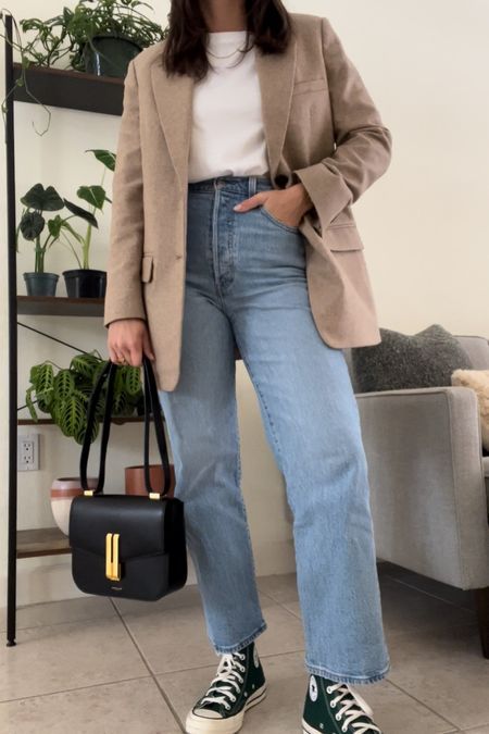 Jeans And Blazer Outfit Midsize, Classic Outfits Midsize, Oversized Blazer Outfit Midsize, Midsize Blazer Outfit, Blazer Outfit Midsize, Workwear Midsize, 90s Work Outfit, Midsize Outfits Work, Tan Blazer Outfits Women