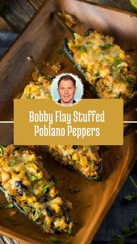 This delicious Bobby Flay Stuffed Poblano Peppers recipe is a hearty and flavorful meal, perfect for a family dinner. Roasted poblano peppers are filled with a spiced ground beef mixture, layered with Cheddar and Monterey Jack cheeses, and baked in enchilada sauce until bubbly. Easily customizable, it’s a satisfying dish that’s sure to impress! Stuffed Poblano Pepper Recipes Beef, Sausage Stuffed Poblano Peppers, Poblano Pepper Recipes Healthy, Stuffed Poblano Pepper Recipes, Pablano Pepper Recipe, Stuffed Poblano Pepper, Poblano Pepper Recipes, Pepper Recipes Healthy, Stuffed Veggies