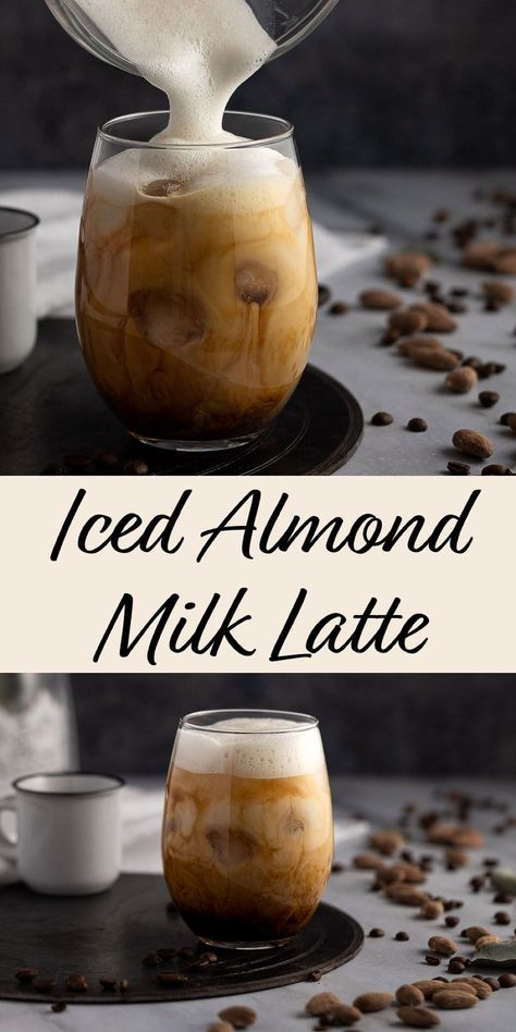 This creamy iced almond milk latte is easy to make in 5 minutes with only 5 ingredients. Espresso sweetened with a dash of maple syrup and sugar. Then topped with creamy, frothed almond milk and served in a glass filled with ice. A refreshing, completely vegan iced latte drink that is perfect for summer. Drinks With Almond Milk, Almond Milk Drink Recipes, Almond Milk Cold Foam Recipe, Drinks With Almond Milk Healthy, Almond Milk Espresso Drinks, Almond Milk Coffee Recipes, Almond Milk Latte Recipe, Menu Photoshoot, Almond Milk Drinks