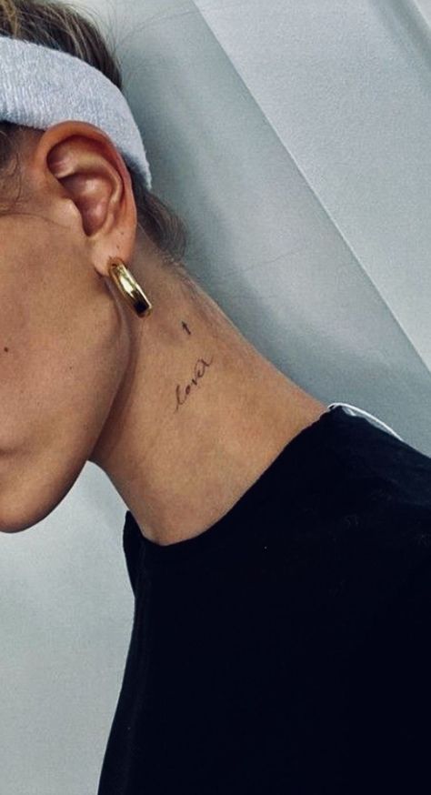 Love Neck Tattoo, Tiny Neck Tattoos For Women, Side Neck Tattoos Women Words, Simple Neck Tattoos For Women, Dainty Neck Tattoos, Side Neck Tattoo Writing, Cursive Neck Tattoo, Neck Script Tattoo, Dainty Neck Tattoo